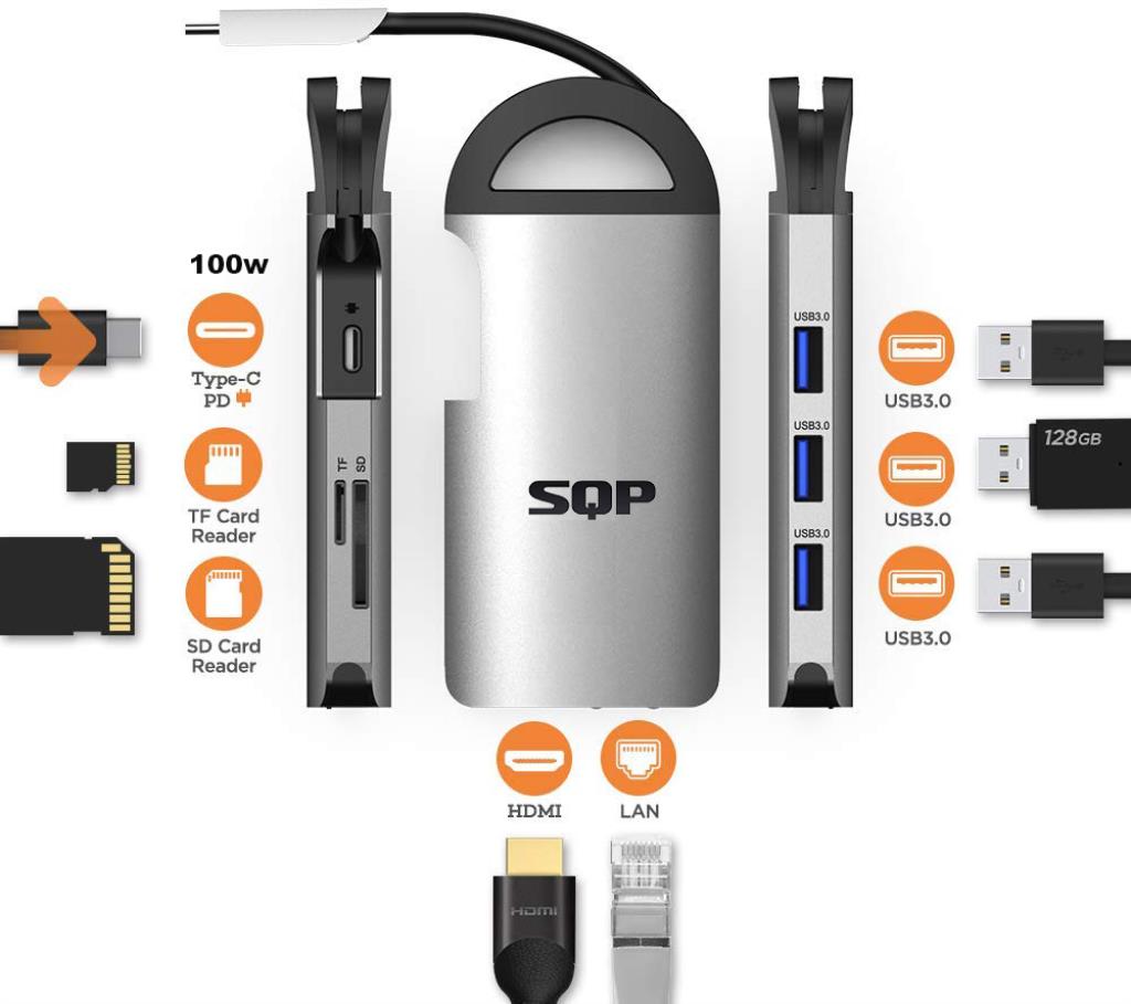 Hub USB type C vers HDMI 4K 30HZ & 2K 60HZ, 3 x USB3.0, Lecteur de carte SD/MicroSD,  GigaEthernet, port USBC d'alimentation (100W), Gris Sidéral